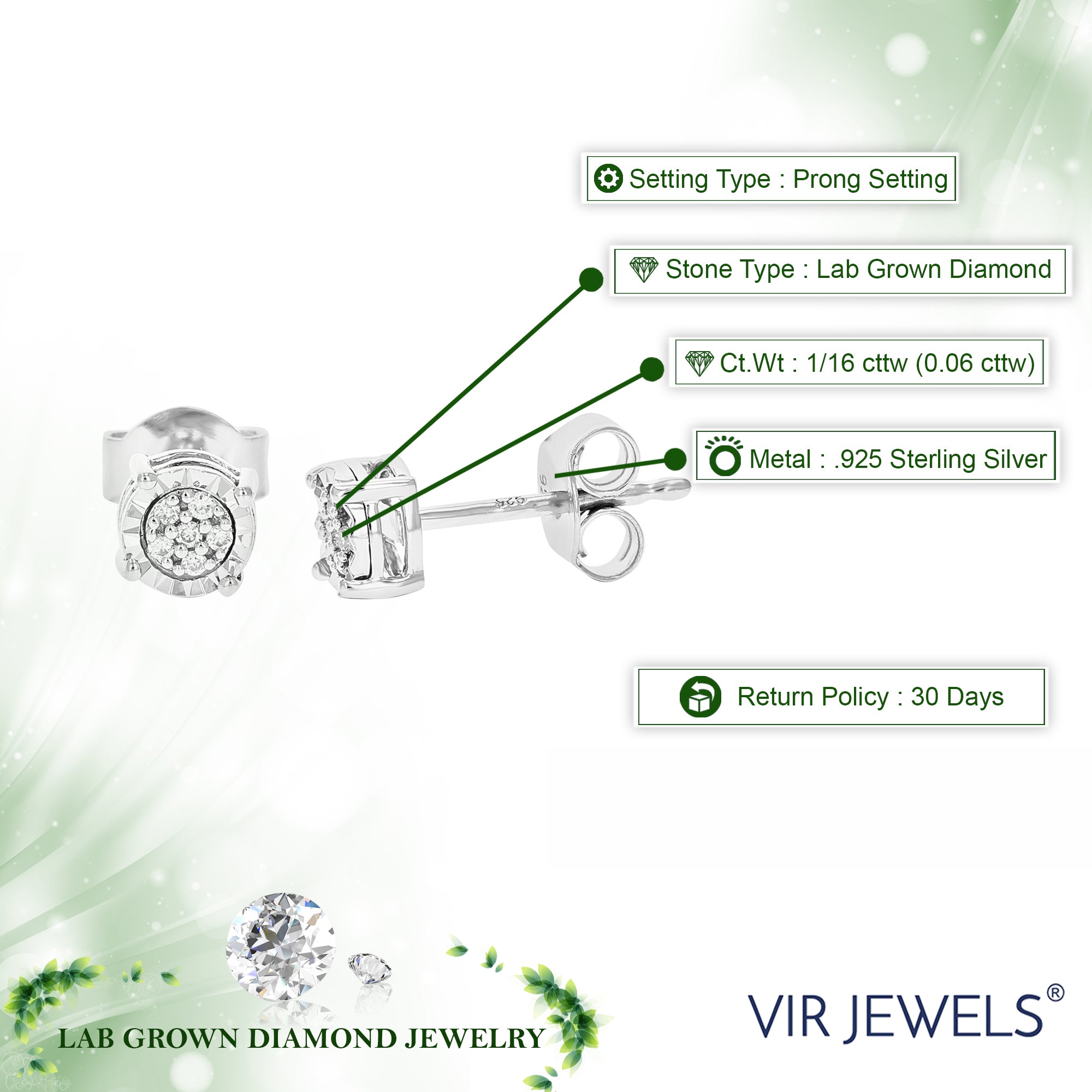 1/16 cttw Stud Earrings for Women, Round Lab Grown Diamond Stud Earrings in .925 Sterling Silver, Prong Setting