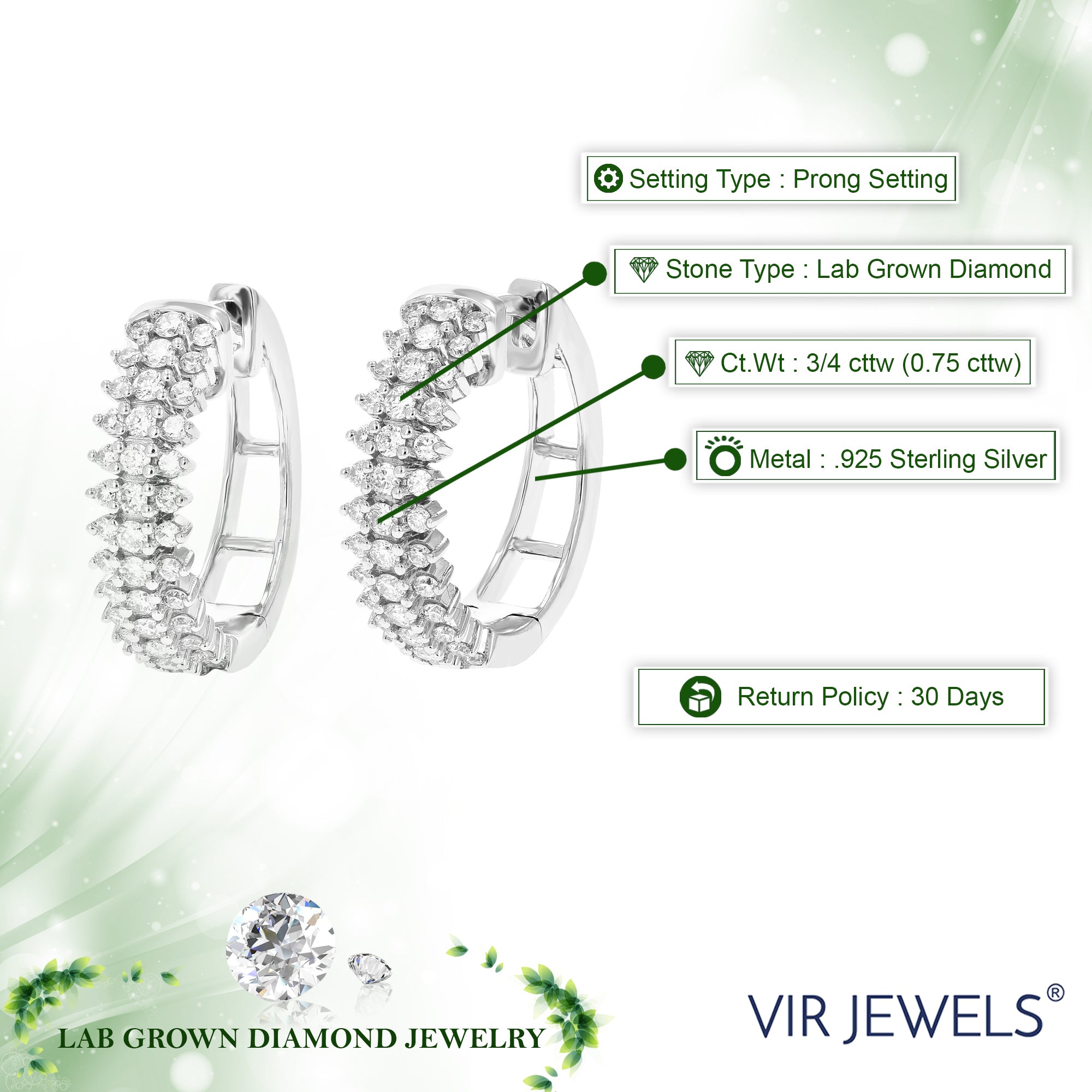 3/4 cttw Diamond Hoop Earrings for Women, Round Lab Grown Diamond Earrings in .925 Sterling Silver, Prong Setting, 3/4 Inch