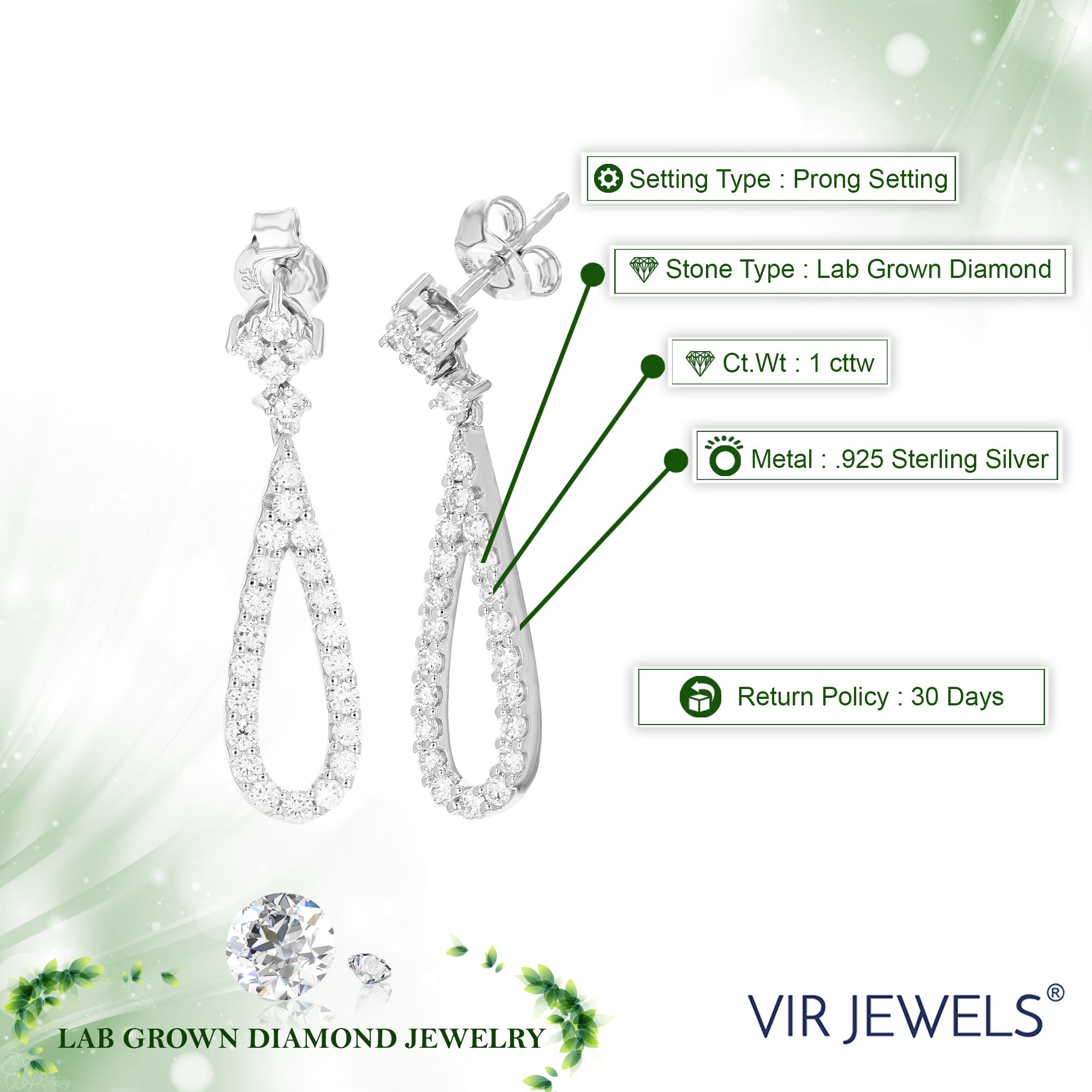 1 cttw Dangle Earrings for Women, Round Lab Grown Diamond Dangle Earrings in .925 Sterling Silver, Prong Setting, 1/2 Inch
