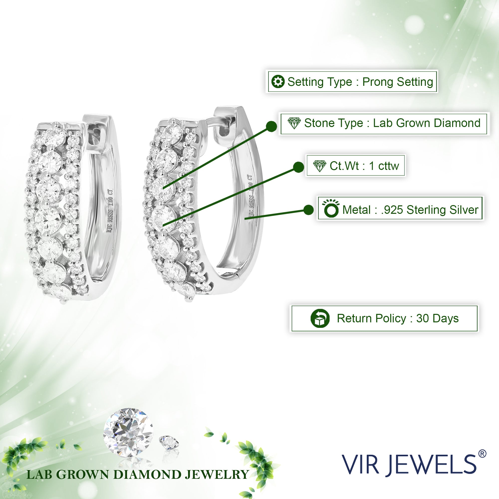 1 cttw Diamond Hoop Earrings for Women, Round Lab Grown Diamond Earrings in .925 Sterling Silver, Prong Setting, 3/4 Inch