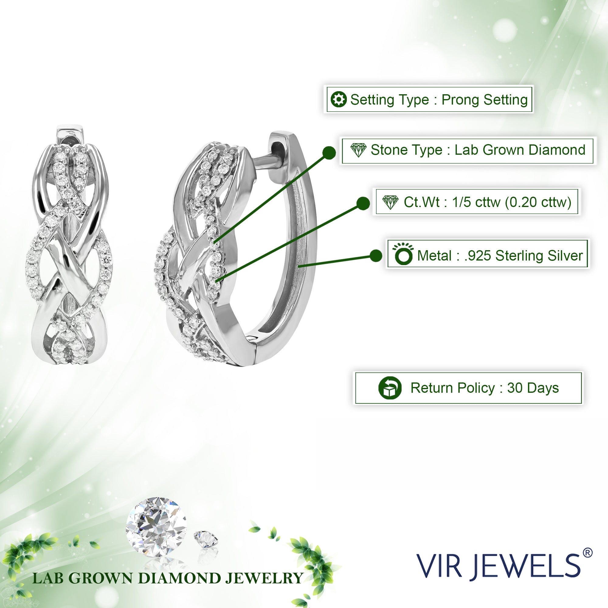 1/5 cttw 64 Stones Round Lab Grown Diamond Hoop Earrings .925 Sterling Silver Prong Set 2/3 Inch