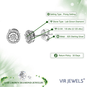 1/8 cttw 64 Stones Round Lab Grown Diamond Studs Earrings .925 Sterling Silver Prong Set, 1/2 Inch