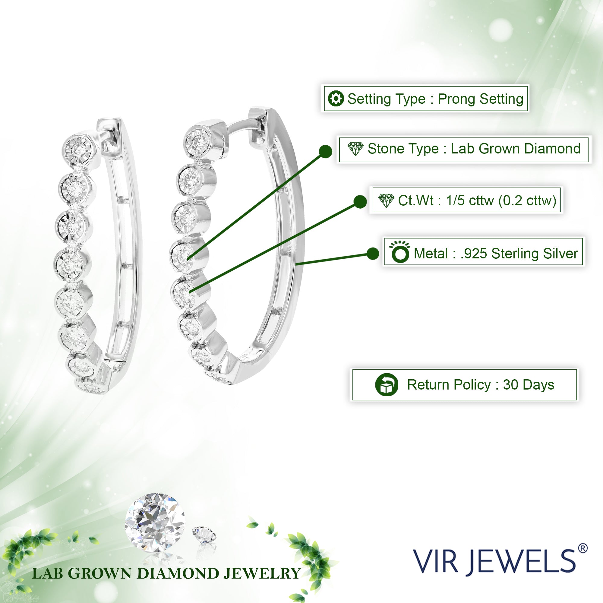 1/5 cttw Diamond Hoop Earrings for Women, Round Lab Grown Diamond Earrings in .925 Sterling Silver, Prong Setting, 1 Inch