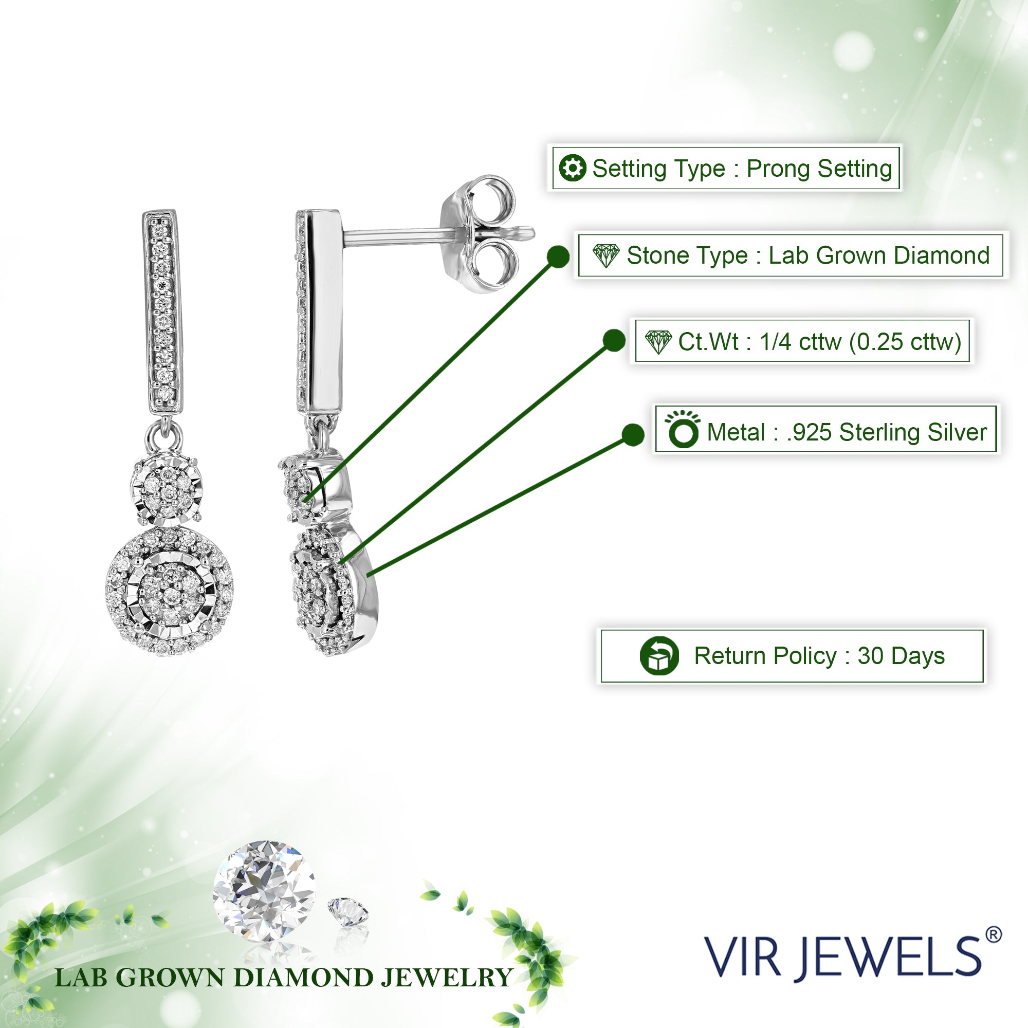 1/4 cttw 82 Stones Round Lab Grown Diamond Dangle Earrings .925 Sterling Silver Prong Set, 1/2 Inch