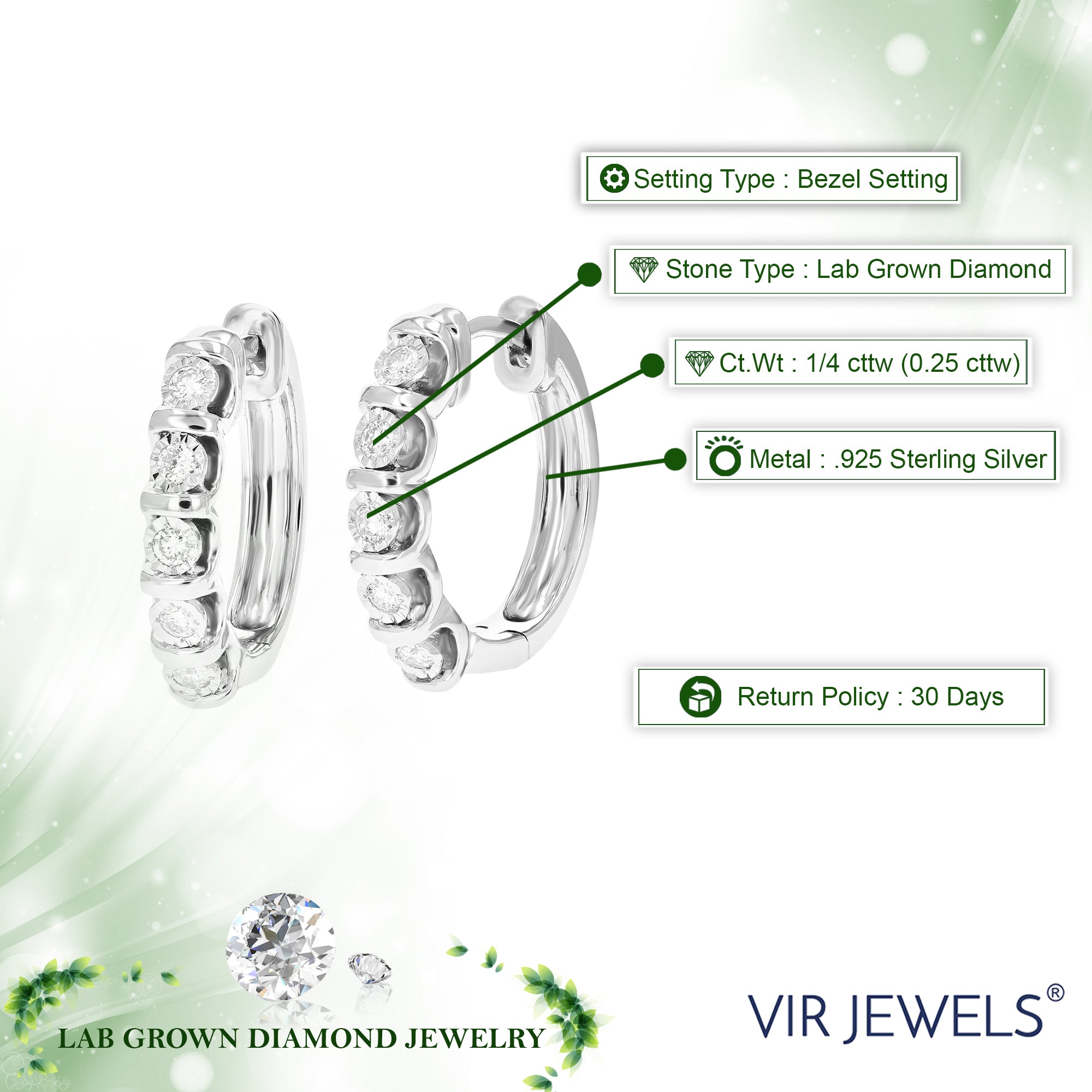 1/4 cttw Diamond Hoop Earrings for Women, Round Lab Grown Diamond Earrings in .925 Sterling Silver, Bezel Setting, 3/4 Inch