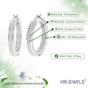 3/4 cttw Diamond Hoop Earrings for Women, Round Lab Grown Diamond Earrings in .925 Sterling Silver, Prong Setting, 1 Inch