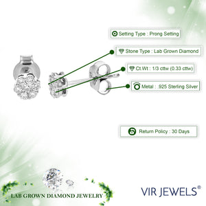 1/3 cttw Stud Earrings for Women, Round Lab Grown Diamond Stud Earrings in .925 Sterling Silver, Prong Setting