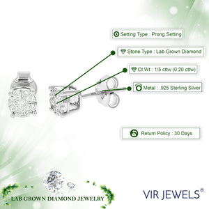 1/5 cttw Stud Earrings for Women, Round Lab Grown Diamond Stud Earrings in .925 Sterling Silver, Prong Setting