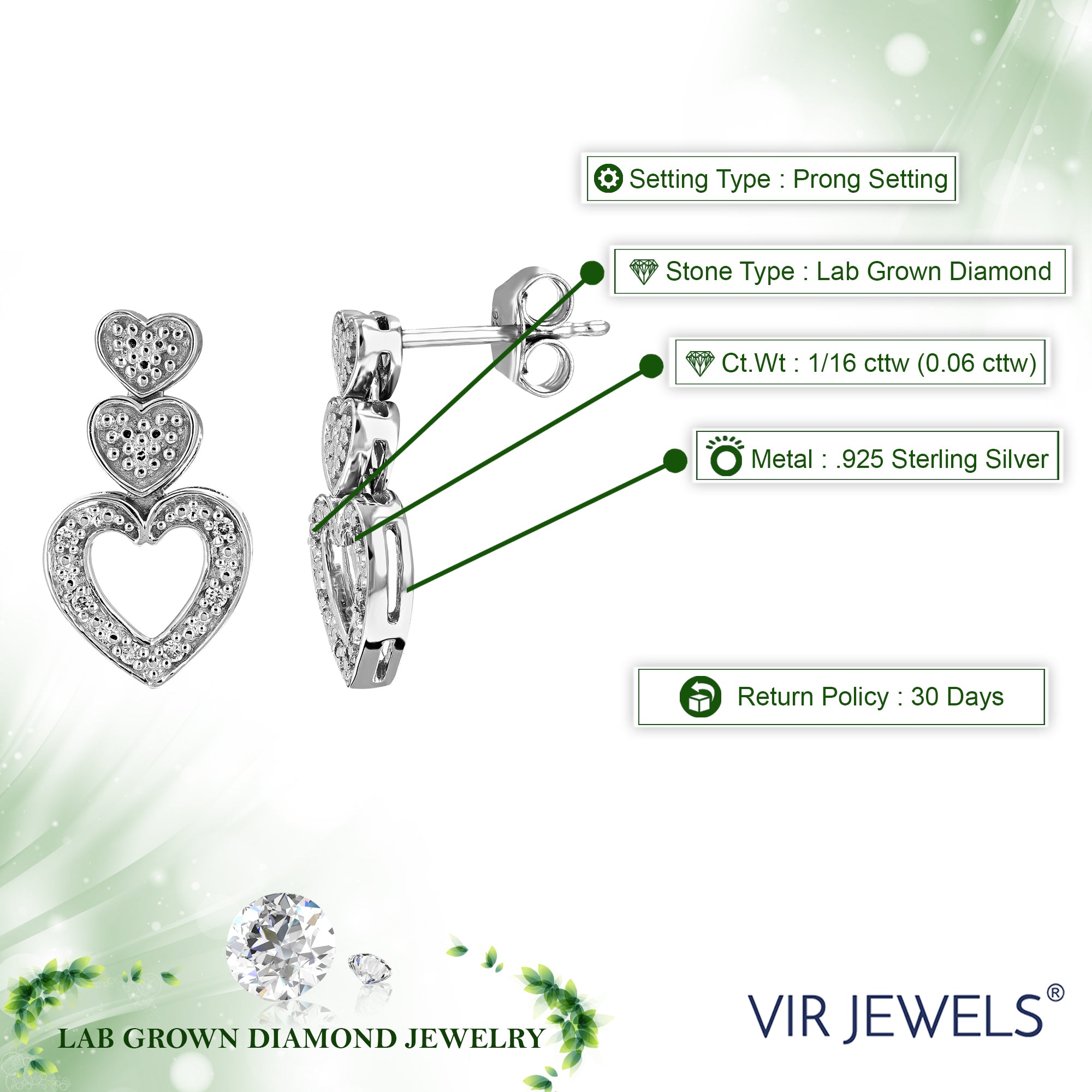 1/16 cttw 12 Stones Round Lab Grown Diamond Dangle Earrings .925 Sterling Silver Prong Set, 3/4 Inch