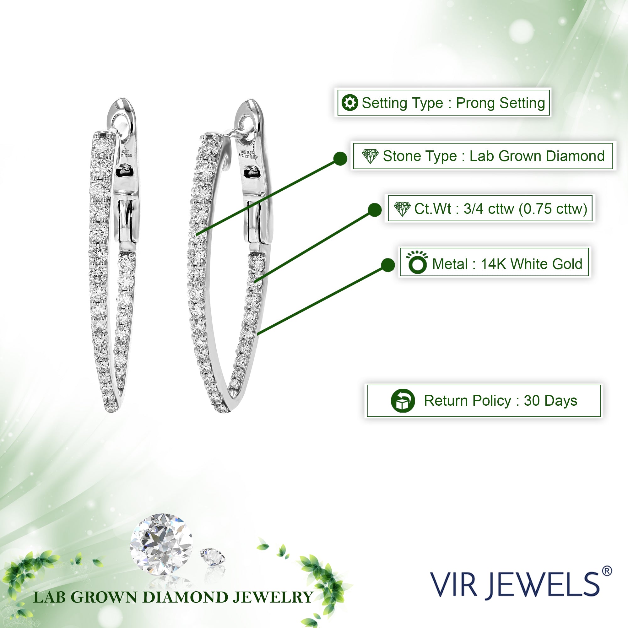 3/4 cttw Diamond Hoop Earrings for Women, Round Lab Grown Diamond Earrings in 14K White Gold, Prong Setting, 2/3 Inch