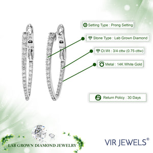 3/4 cttw Diamond Hoop Earrings for Women, Round Lab Grown Diamond Earrings in 14K White Gold, Prong Setting, 2/3 Inch