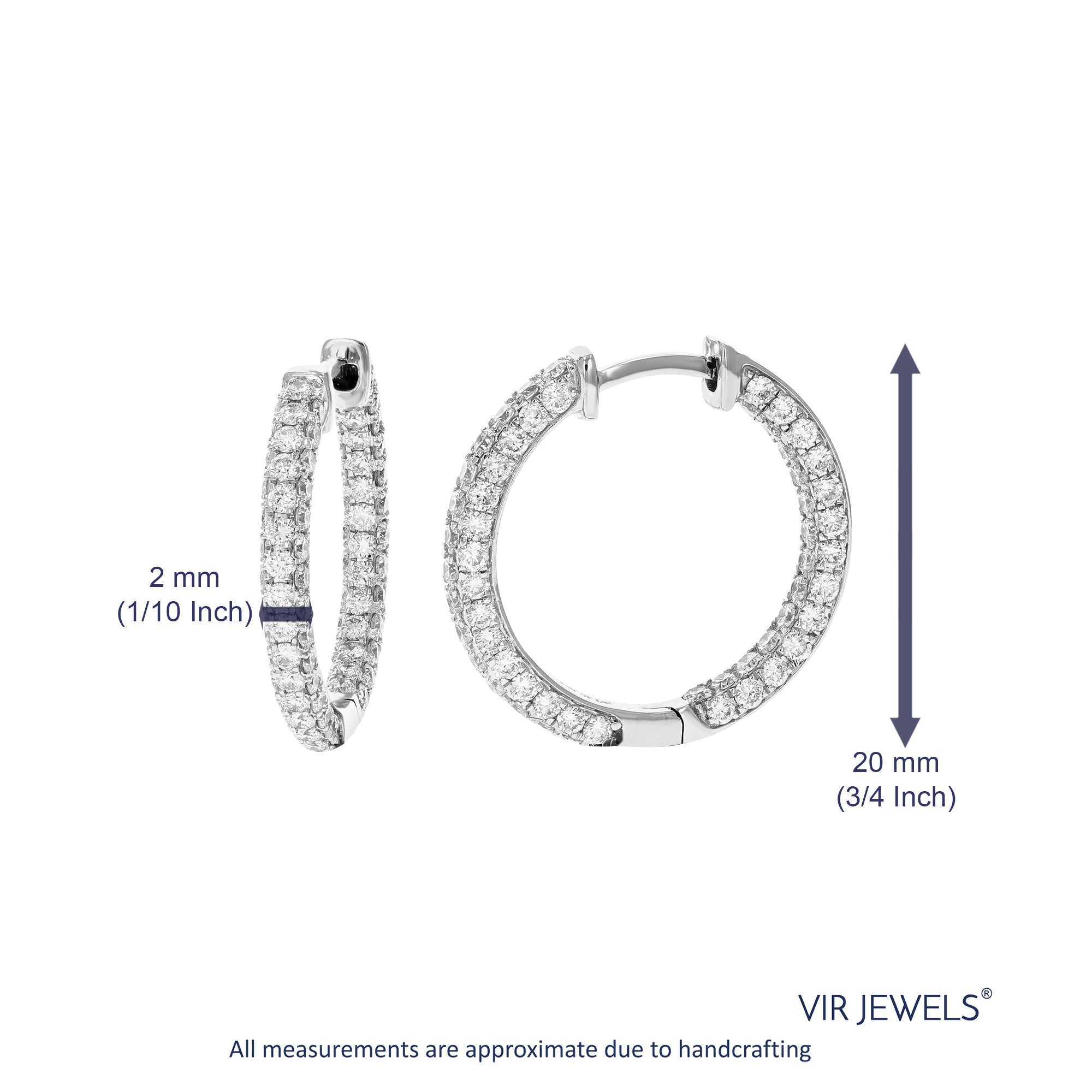 2 cttw 170 Stones Round Lab Grown Diamond Hoop Earrings 14K White Gold Prong Set 3/4 Inch