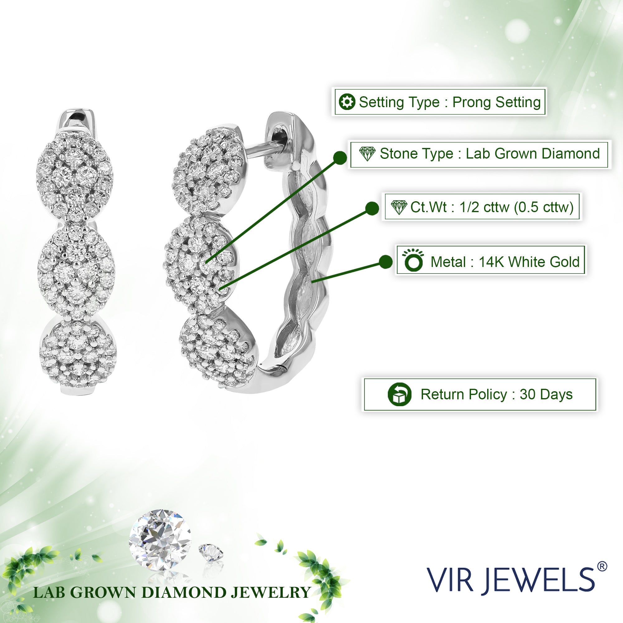 1/2 cttw 108 Stones Round Lab Grown Diamond Hoop Earrings 14K White Gold Prong Set 2/3 Inch