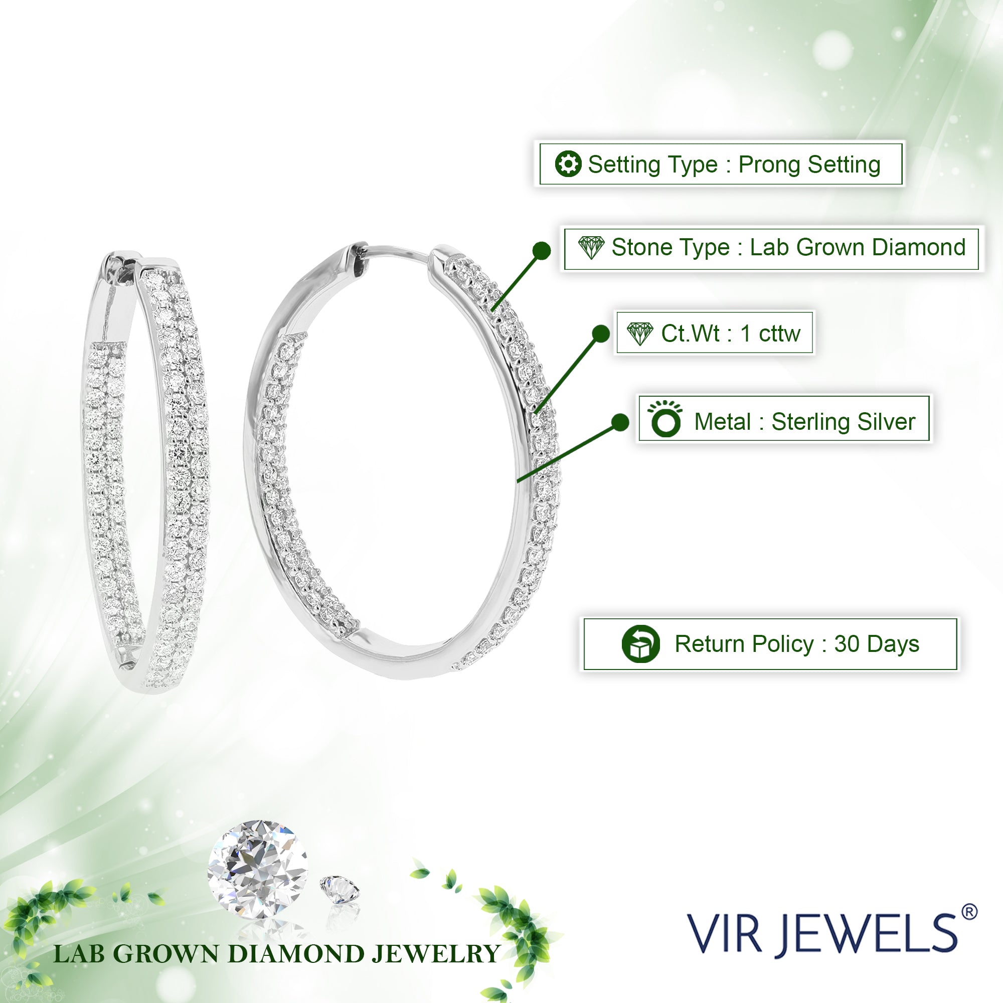 1 cttw Diamond Hoop Earrings for Women, Round Lab Grown Diamond Earrings in .925 Sterling Silver, Prong Setting, 1 1/4 Inch