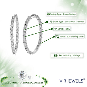 1 cttw Diamond Hoop Earrings for Women, Round Lab Grown Diamond Earrings in .925 Sterling Silver, Prong Setting, 1 1/4 Inch