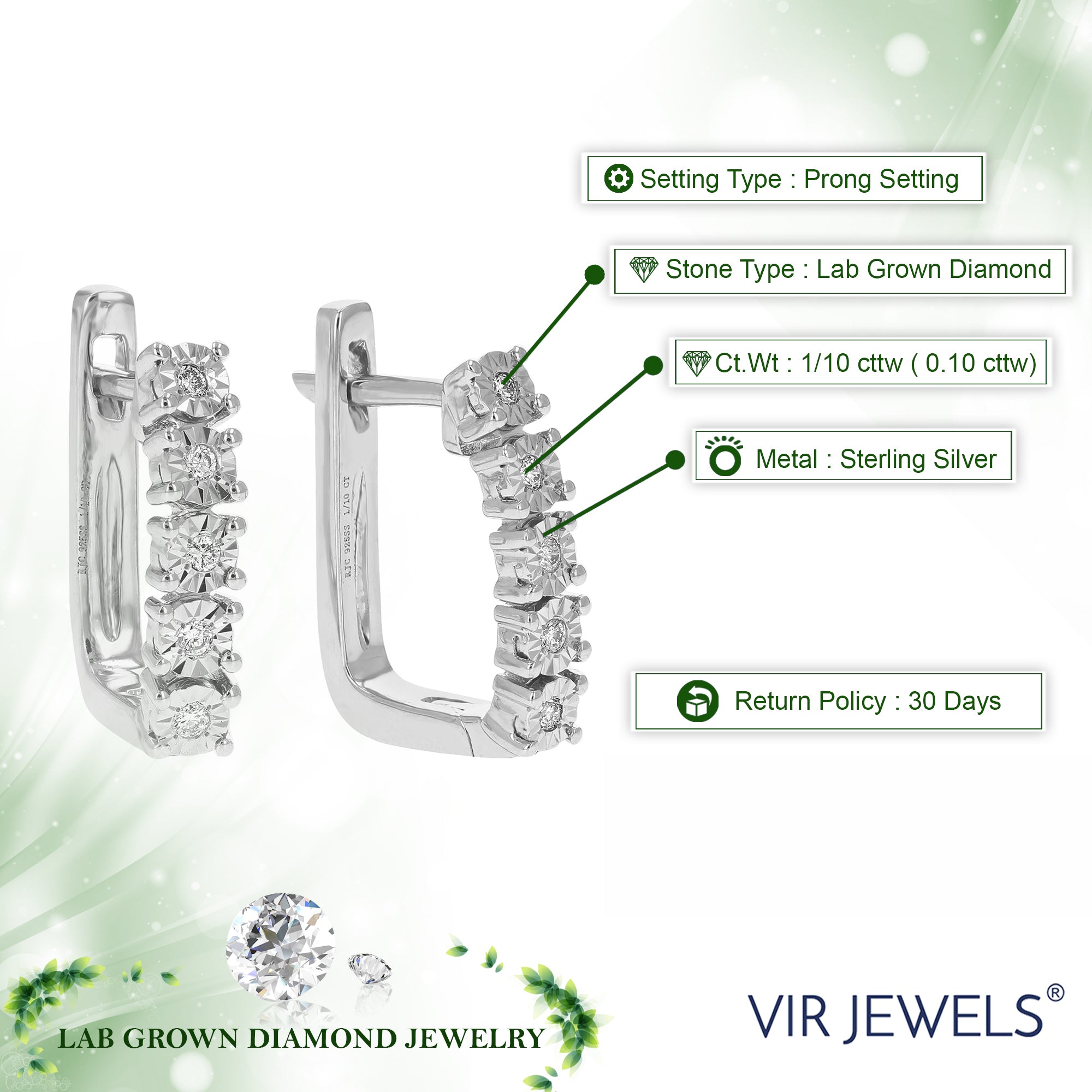 1/10 cttw Diamond Hoop Earrings for Women, Round Lab Grown Diamond Earrings in .925 Sterling Silver, Prong Setting, 1/2 Inch