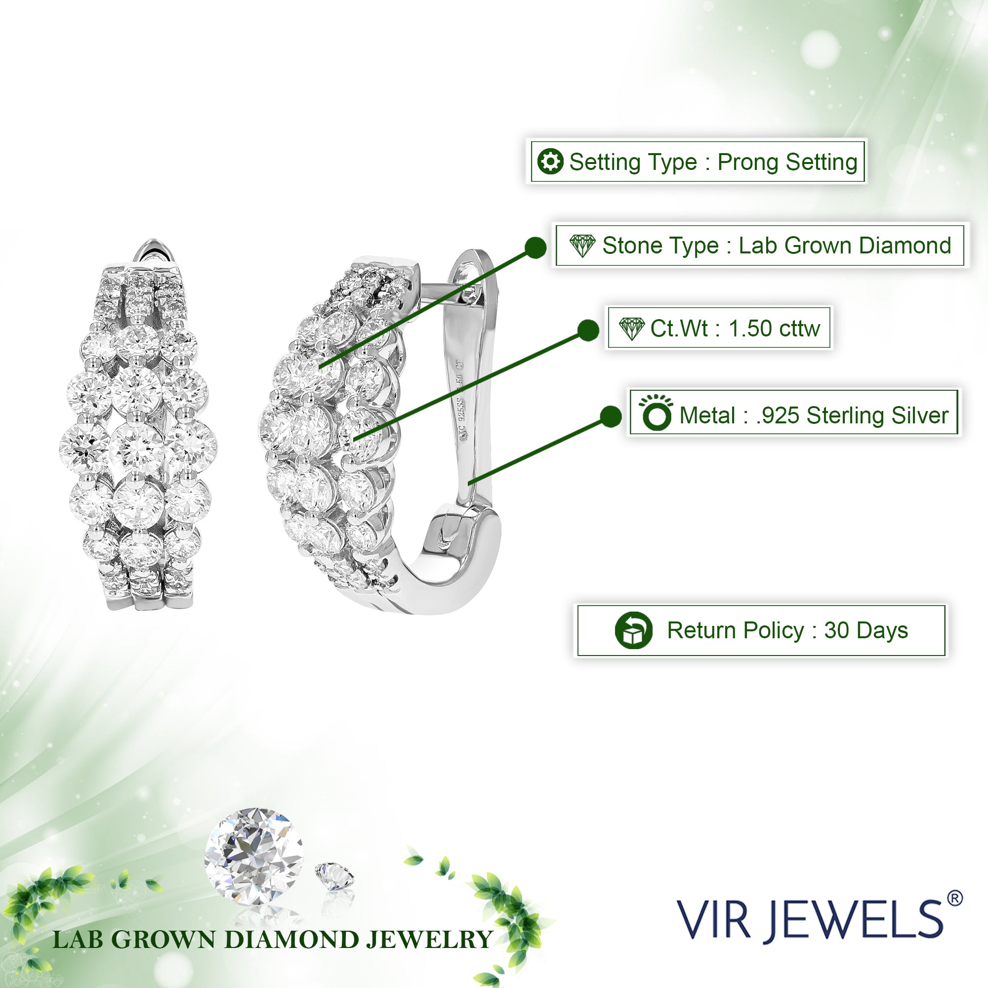 1.50 cttw Diamond Hoop Earrings for Women, Round Lab Grown Diamond Earrings in .925 Sterling Silver, Prong Setting, 2/3 Inch