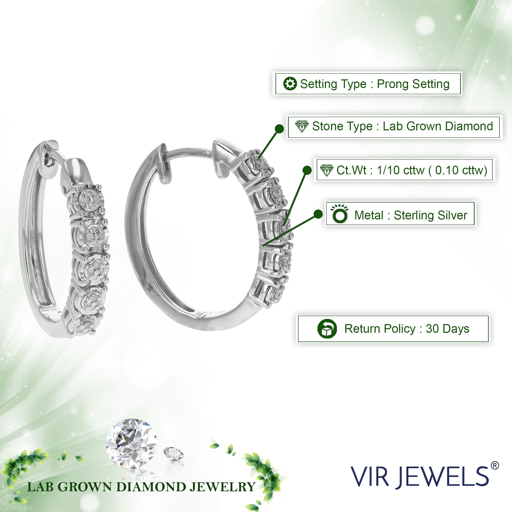 1/10 cttw Diamond Hoop Earrings for Women, Round Lab Grown Diamond Earrings in .925 Sterling Silver, Prong Setting, 2/3 Inch