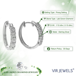 1/10 cttw Diamond Hoop Earrings for Women, Round Lab Grown Diamond Earrings in .925 Sterling Silver, Prong Setting, 2/3 Inch