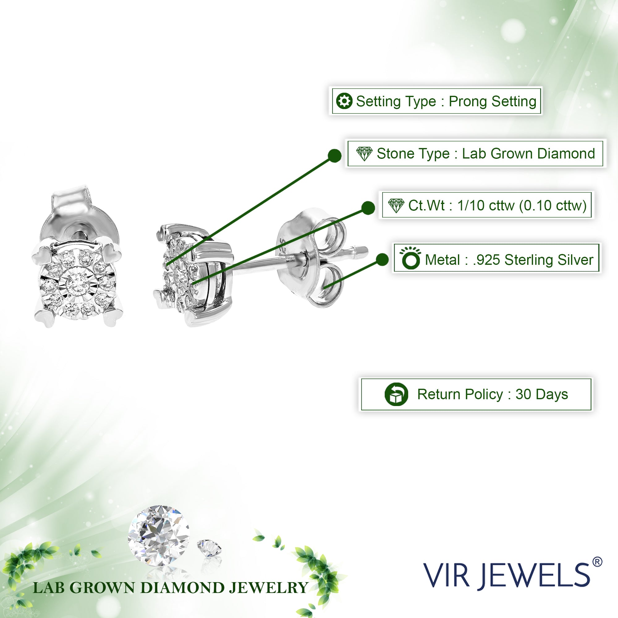 1/10 cttw Stud Earrings for Women, Round Lab Grown Diamond Stud Earrings in .925 Sterling Silver, Prong Setting