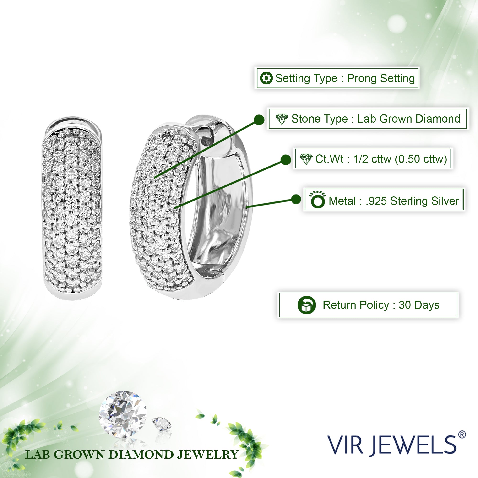 1/2 cttw Diamond Hoop Earrings for Women, Round Lab Grown Diamond Earrings in .925 Sterling Silver, Prong Setting, 1/2 Inch