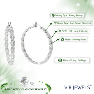 1/2 cttw Diamond Hoop Earrings for Women, Round Lab Grown Diamond Earrings in .925 Sterling Silver, Prong Setting, 1 1/2 Inch
