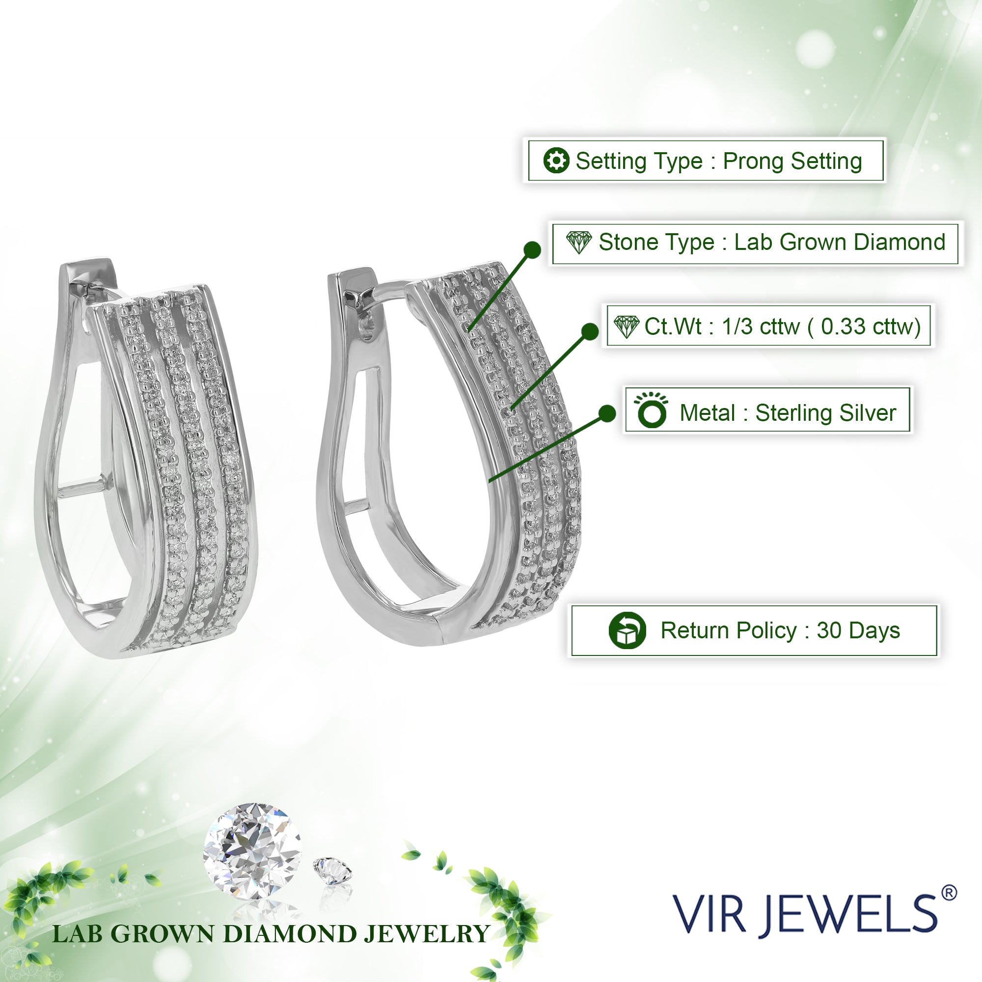 1/3 cttw Diamond Hoop Earrings for Women, Round Lab Grown Diamond Earrings in .925 Sterling Silver, Prong Setting, 3/4 Inch