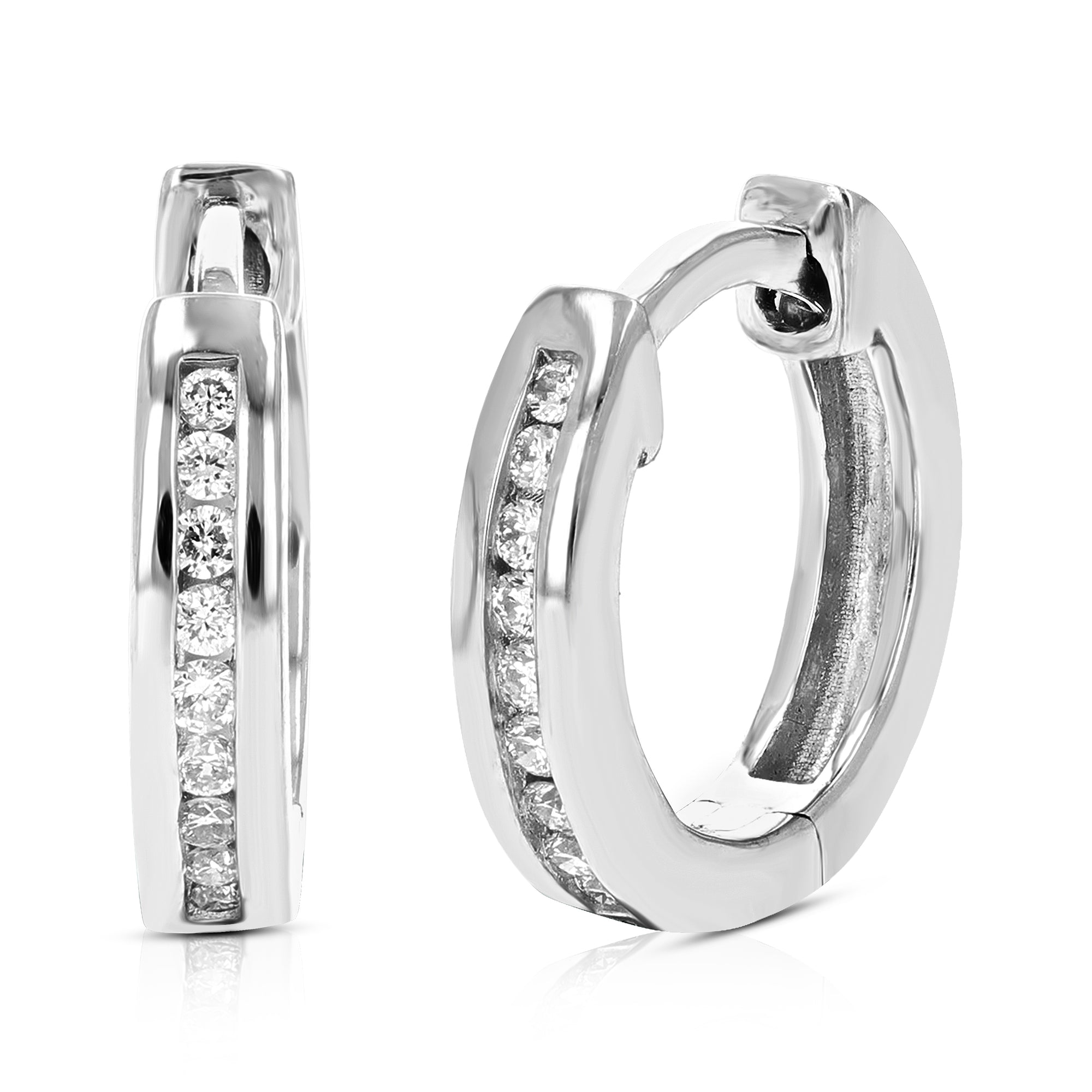 1/10 cttw Round Lab Grown Diamond Hoop Earrings in .925 Sterling Silver Channel Set 2/5 Inch