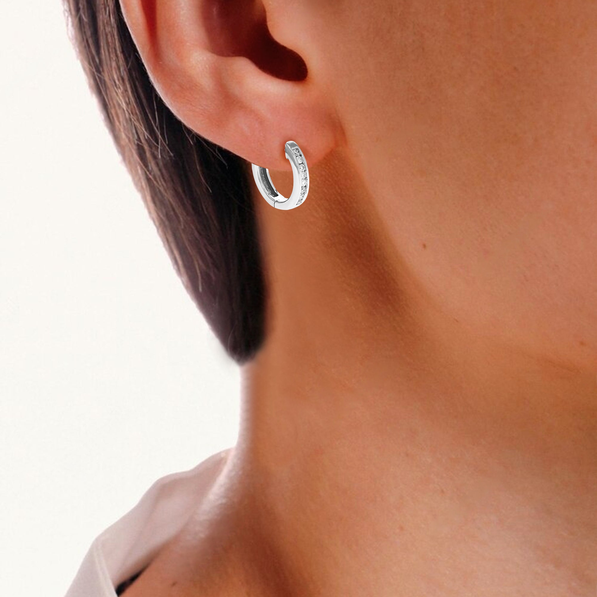 1/10 cttw Diamond Hoop Earrings for Women, Round Lab Grown Diamond Earrings in .925 Sterling Silver, Channel Setting, 2/5 Inch