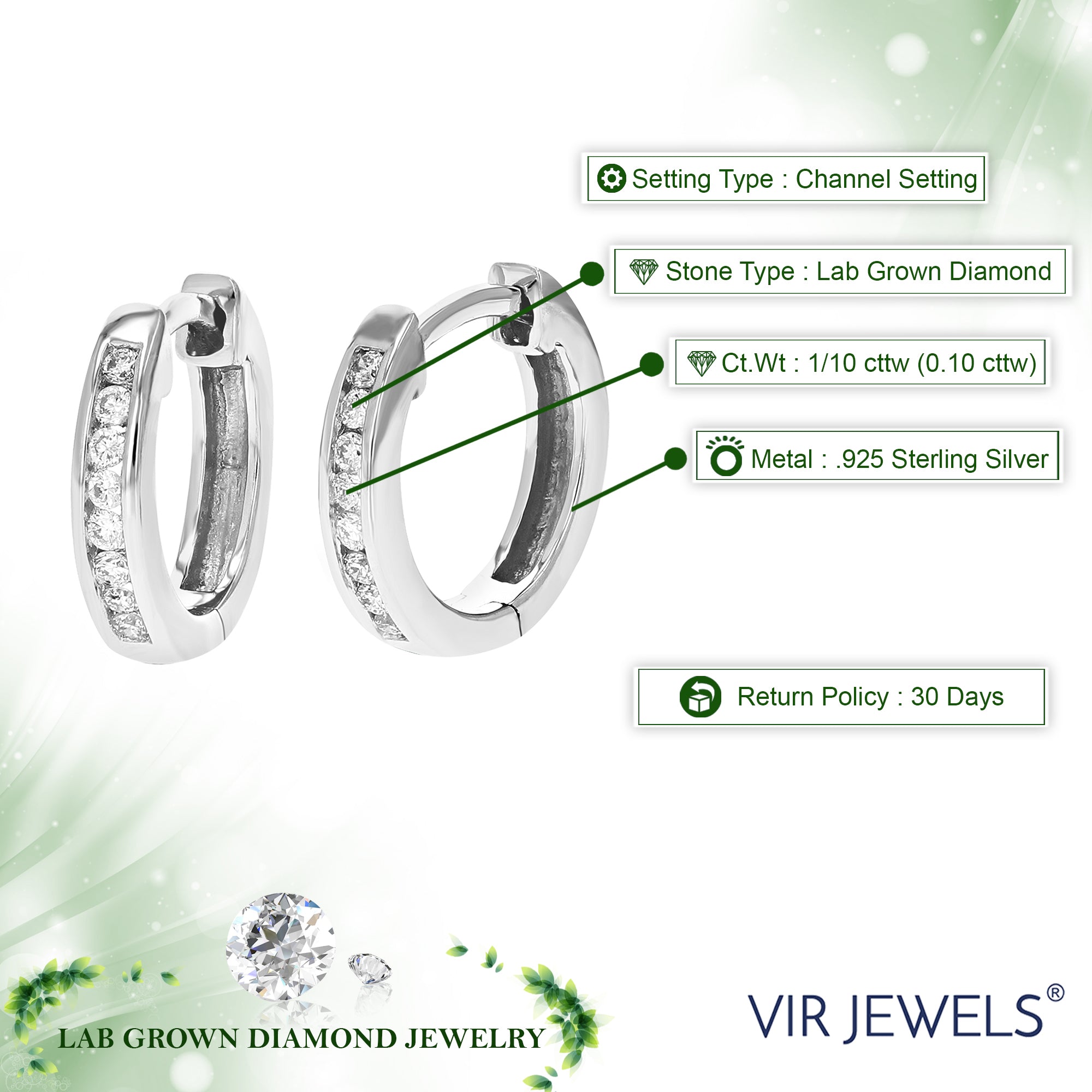 1/10 cttw Diamond Hoop Earrings for Women, Round Lab Grown Diamond Earrings in .925 Sterling Silver, Channel Setting, 2/5 Inch