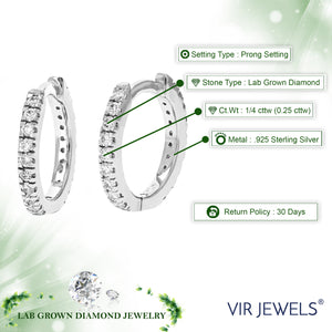 1/4 cttw Diamond Hoop Earrings for Women, Round Lab Grown Diamond Earrings in .925 Sterling Silver, Prong Setting, 2/5 Inch