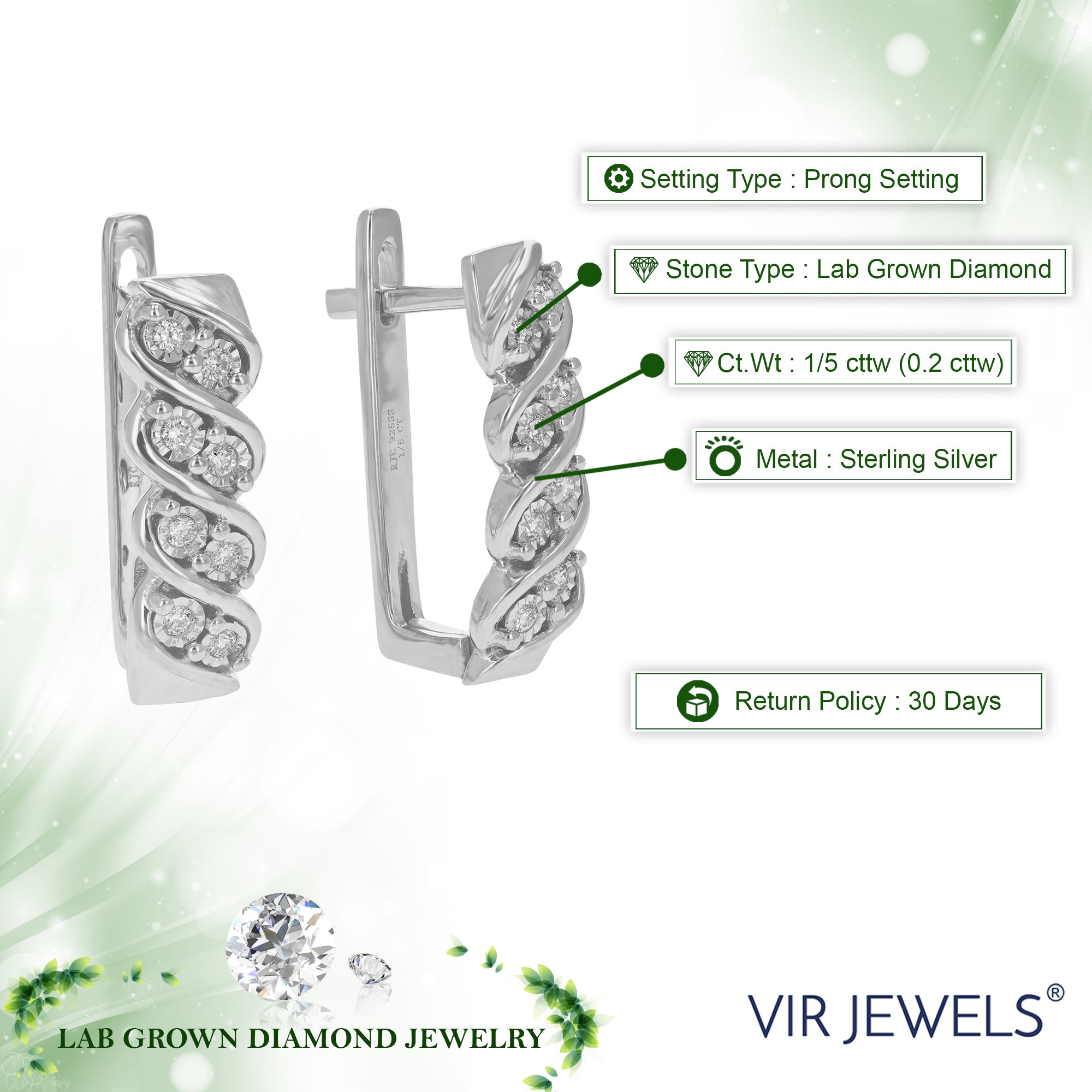 1/5 cttw Diamond Hoop Earrings for Women, Round Lab Grown Diamond Earrings in .925 Sterling Silver, Prong Setting, 3/4 Inch