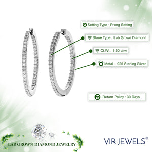 1.50 cttw Diamond Hoop Earrings for Women, Round Lab Grown Diamond Earrings in .925 Sterling Silver, Prong Setting, 1 1/4 Inch