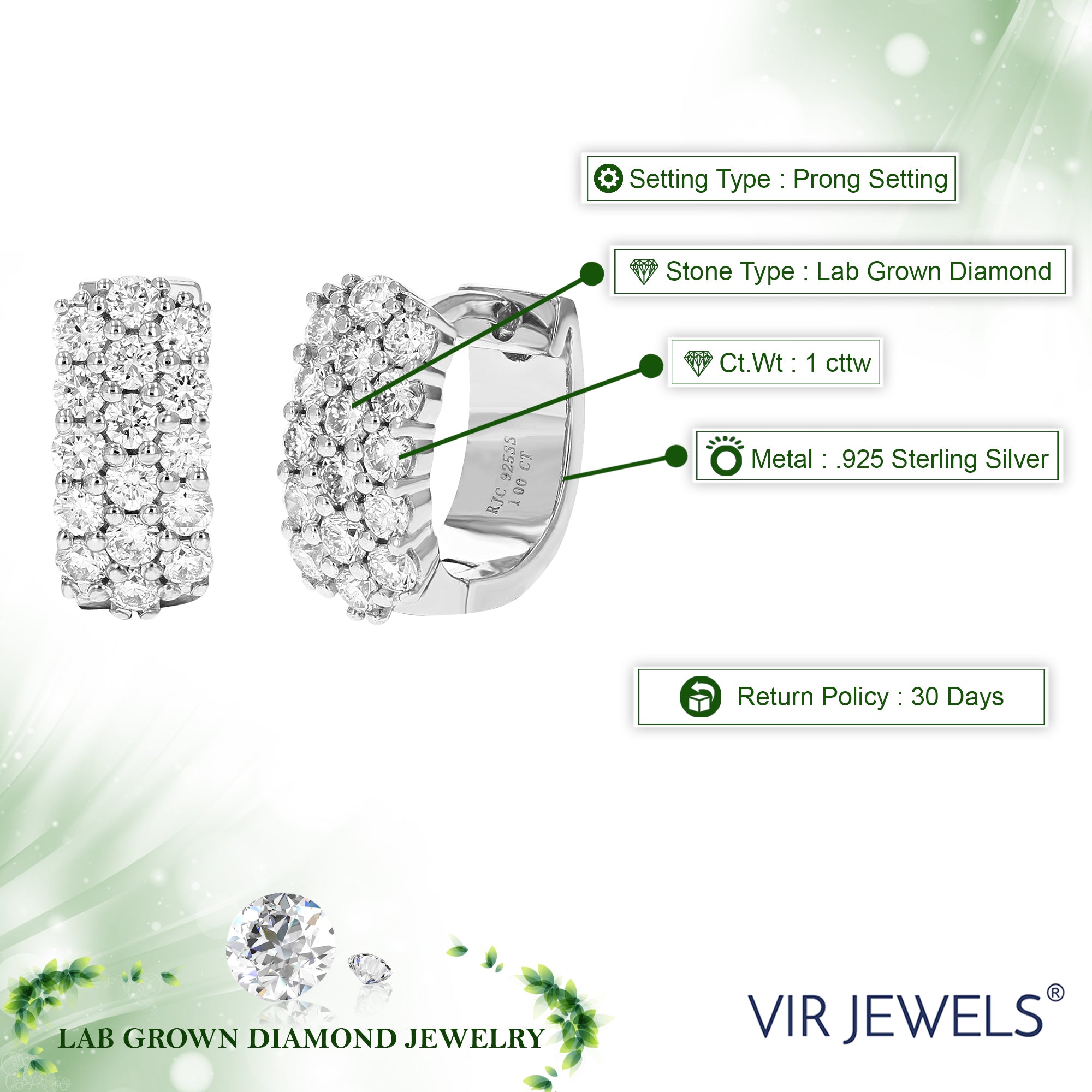 1 cttw Diamond Hoop Earrings for Women, Round Lab Grown Diamond Earrings in .925 Sterling Silver, Prong Setting, 2/3 Inch