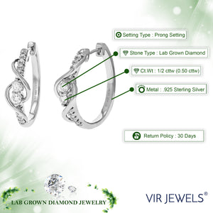 1/2 cttw Diamond Hoop Earrings for Women, Round Lab Grown Diamond Earrings in .925 Sterling Silver, Prong Setting, 1 Inch