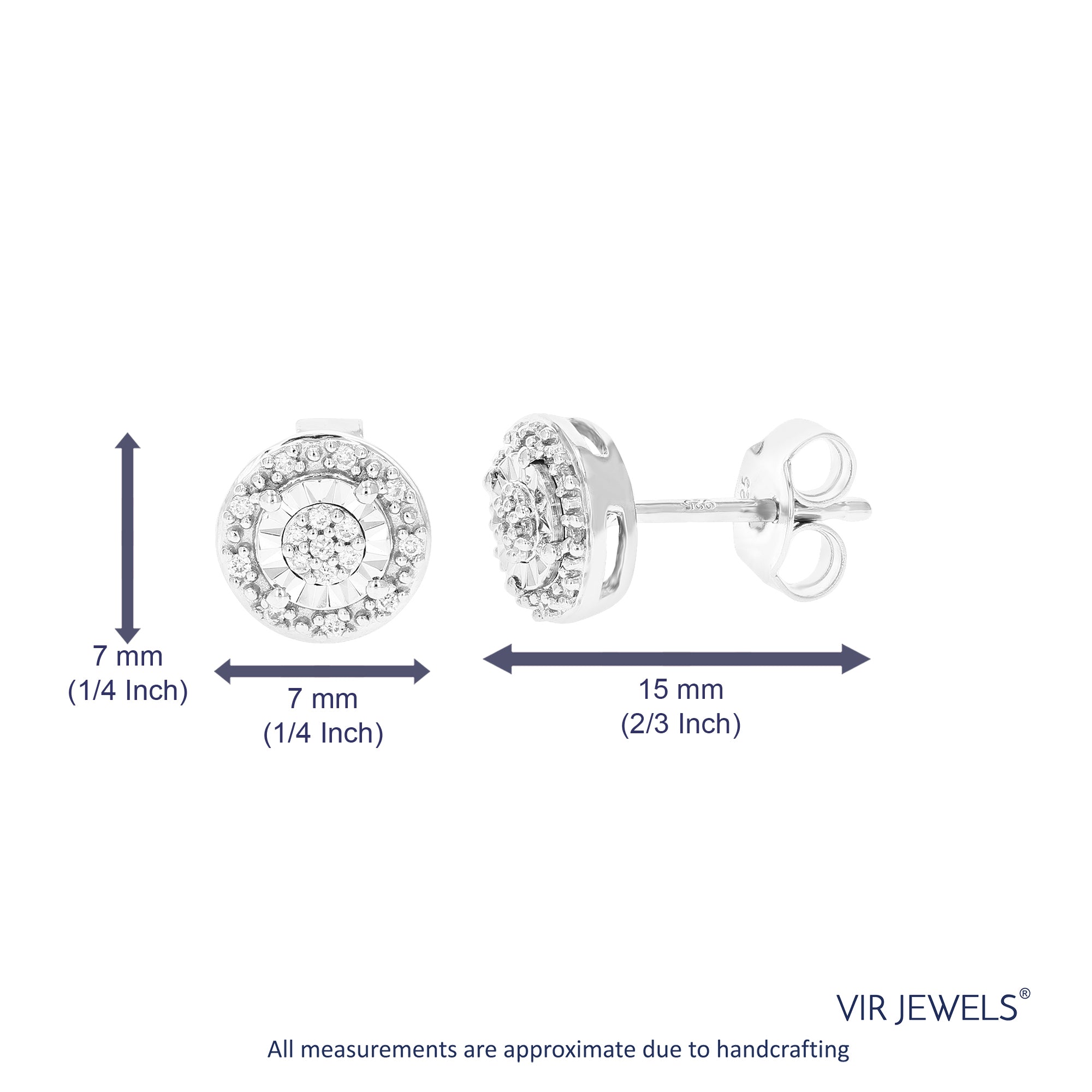 1/10 cttw Stud Earrings for Women, Round Lab Grown Diamond Stud Earrings in .925 Sterling Silver, Prong Set, 2/3 Inch