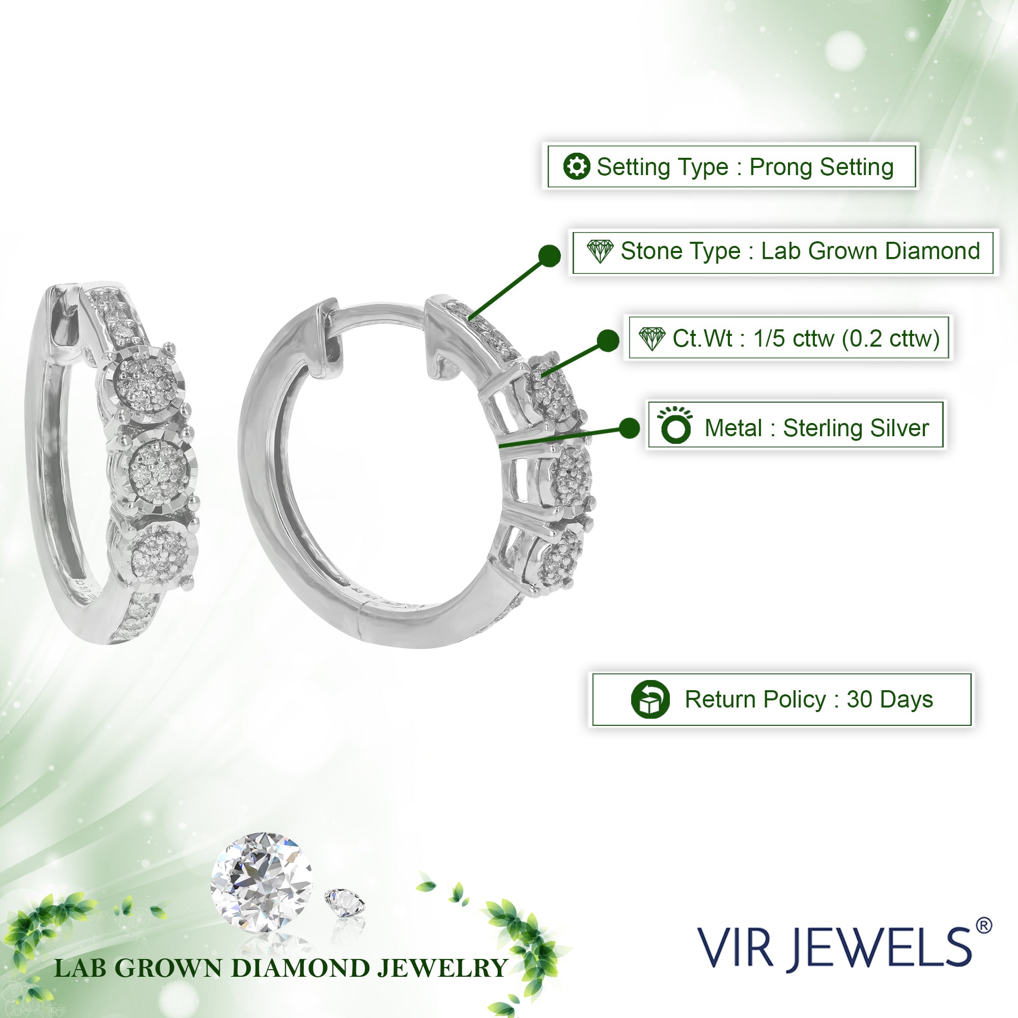 1/5 cttw Diamond Hoop Earrings for Women, Round Lab Grown Diamond Earrings in .925 Sterling Silver, Prong Setting, 2/3 Inch
