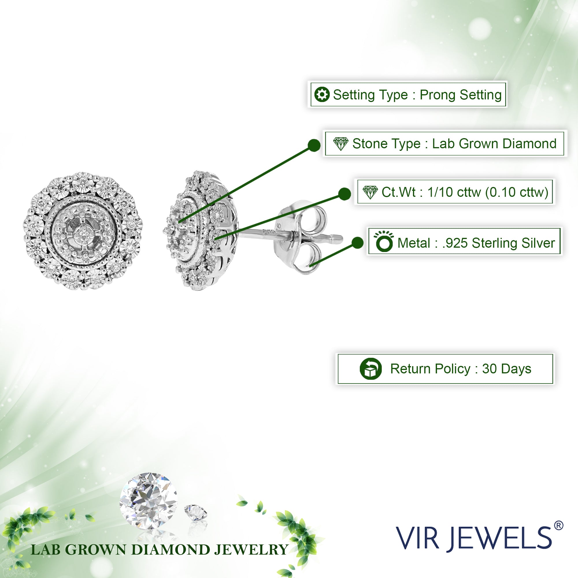 1/10 cttw Stud Earrings for Women, Round Lab Grown Diamond Stud Earrings in .925 Sterling Silver, Prong Setting