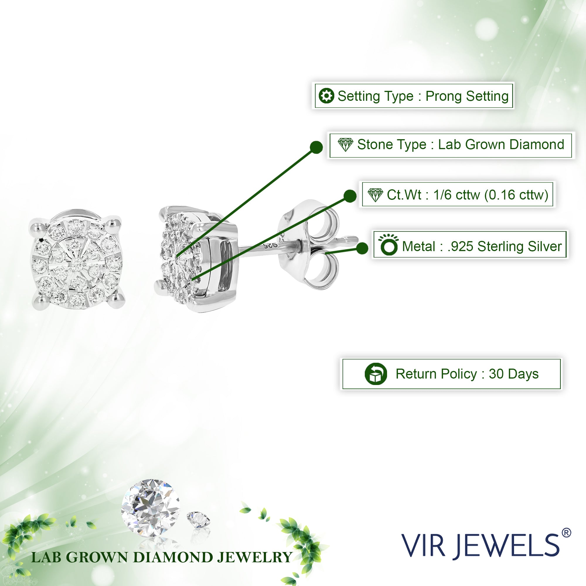 1/6 cttw Stud Earrings for Women, Round Lab Grown Diamond Stud Earrings in .925 Sterling Silver, Prong Setting