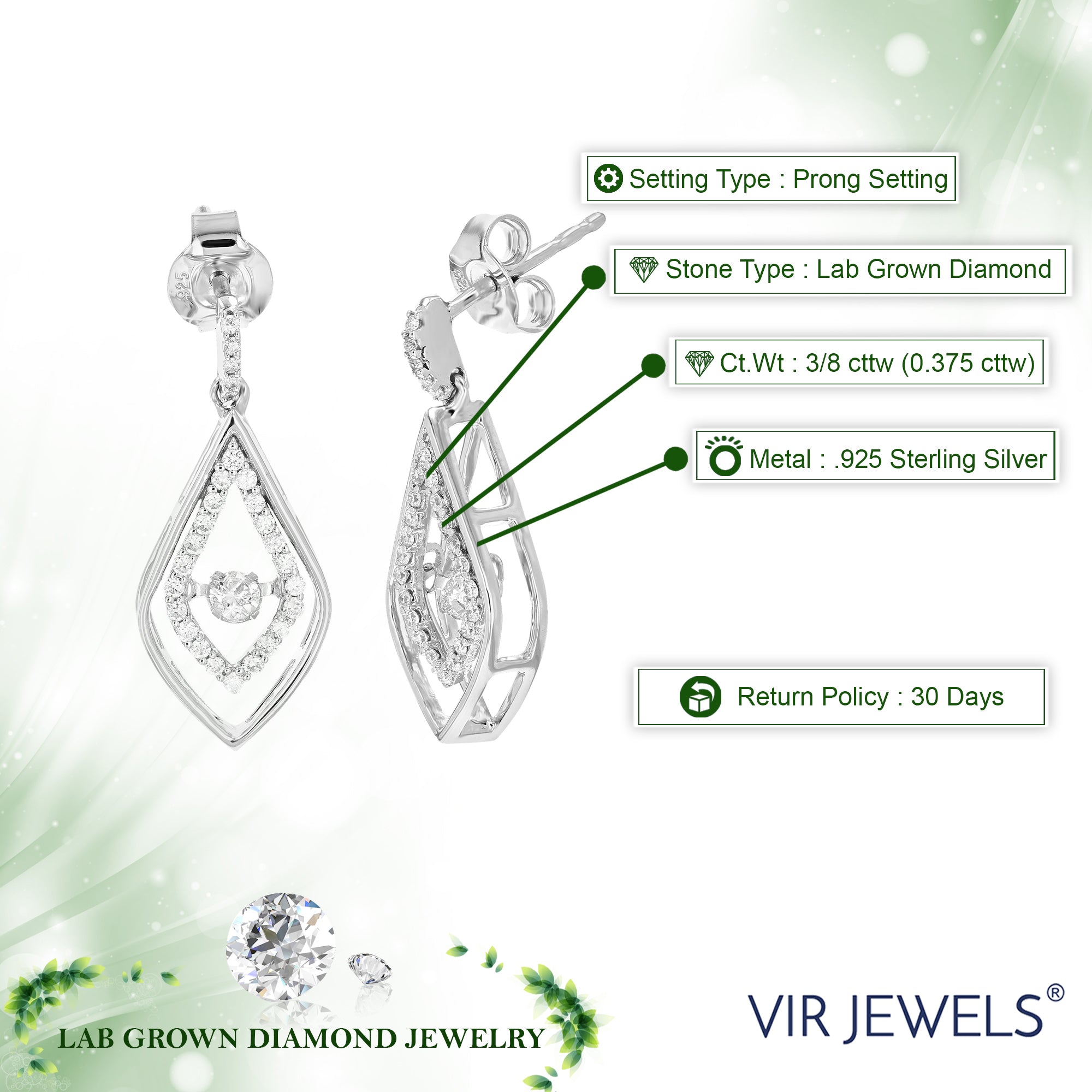 3/8 cttw Dangle Earrings for Women, Round Lab Grown Diamond Dangle Earrings in .925 Sterling Silver, Prong Setting, 3/4 Inch