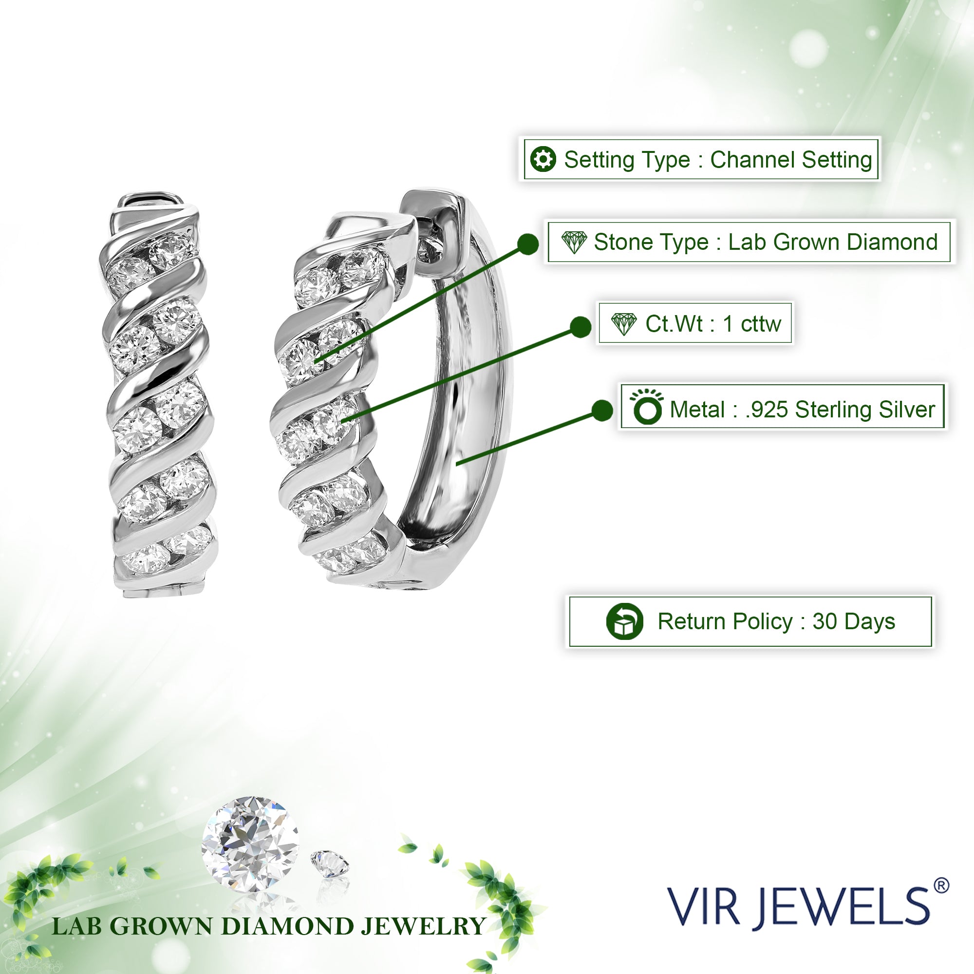 1 cttw Diamond Hoop Earrings for Women, Round Lab Grown Diamond Earrings in .925 Sterling Silver, Channel Setting, 3/4 Inch