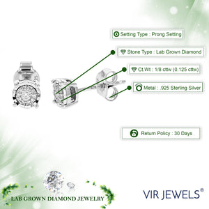 1/8 cttw Stud Earrings for Women, Round Lab Grown Diamond Stud Earrings in .925 Sterling Silver, Prong Setting