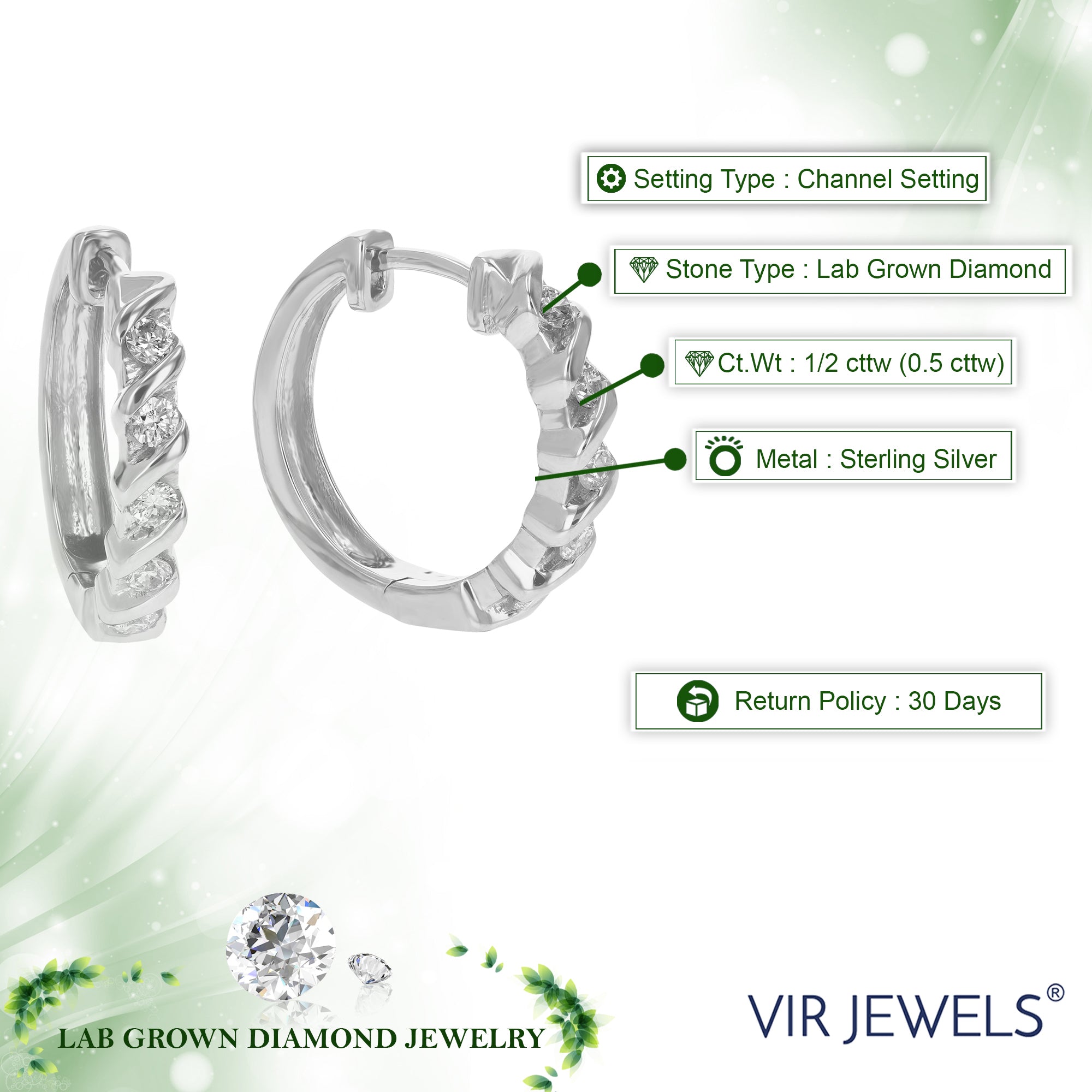 1/2 cttw Diamond Hoop Earrings for Women, Round Lab Grown Diamond Earrings in .925 Sterling Silver, Channel Setting, 3/4 Inch