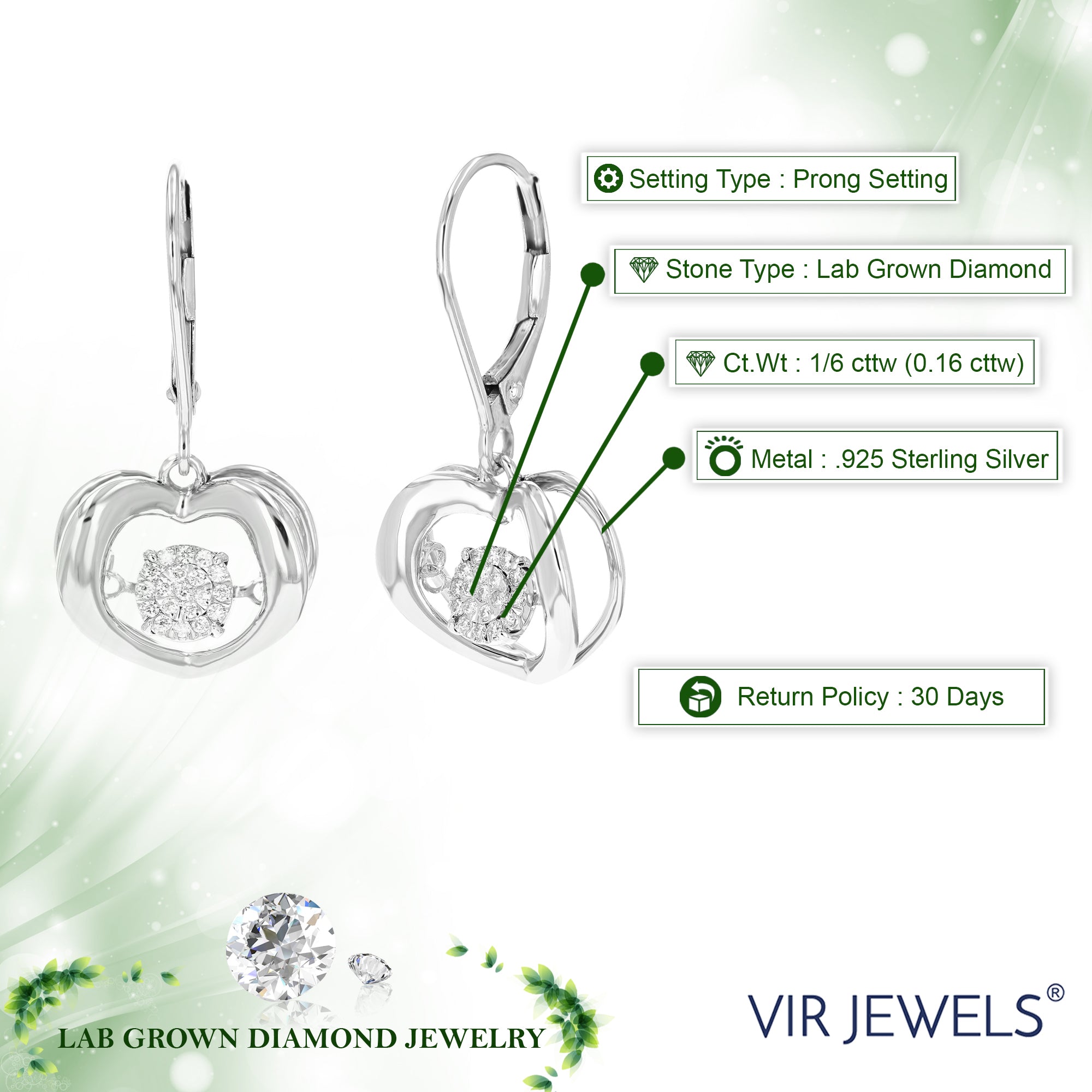 1/6 cttw Dangle Earrings for Women, Round Lab Grown Diamond Dangle Earrings in .925 Sterling Silver, Prong Setting, 1 Inch