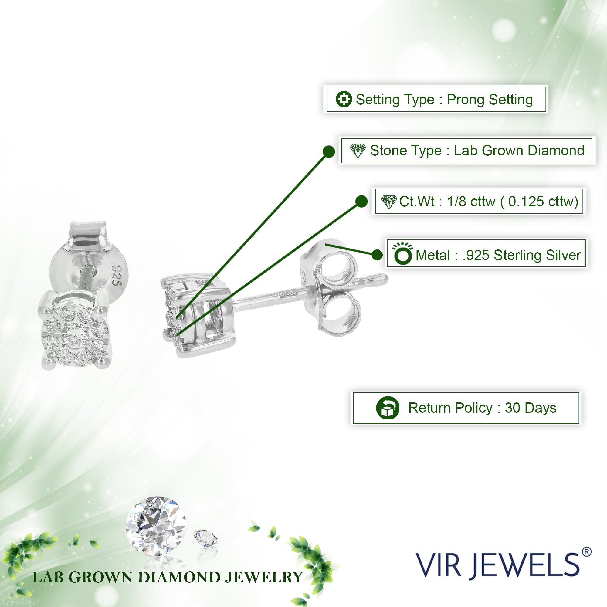 1/8 cttw Stud Earrings for Women, Round Lab Grown Diamond Stud Earrings in .925 Sterling Silver, Prong Setting