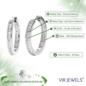 1/2 cttw Diamond Hoop Earrings for Women, Round Lab Grown Diamond Earrings in .925 Sterling Silver, Channel Setting, 3/4 Inch