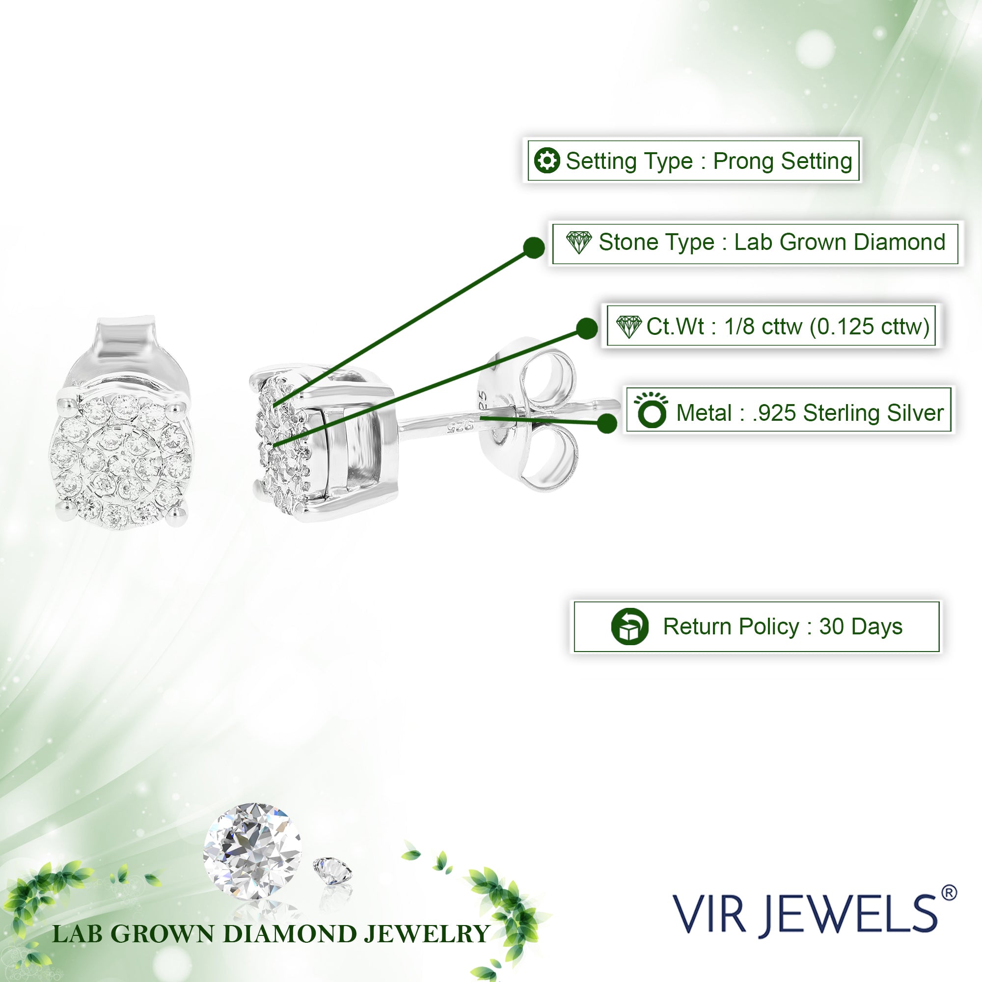 1/8 cttw Stud Earrings for Women, Round Lab Grown Diamond Stud Earrings in .925 Sterling Silver, Prong Setting
