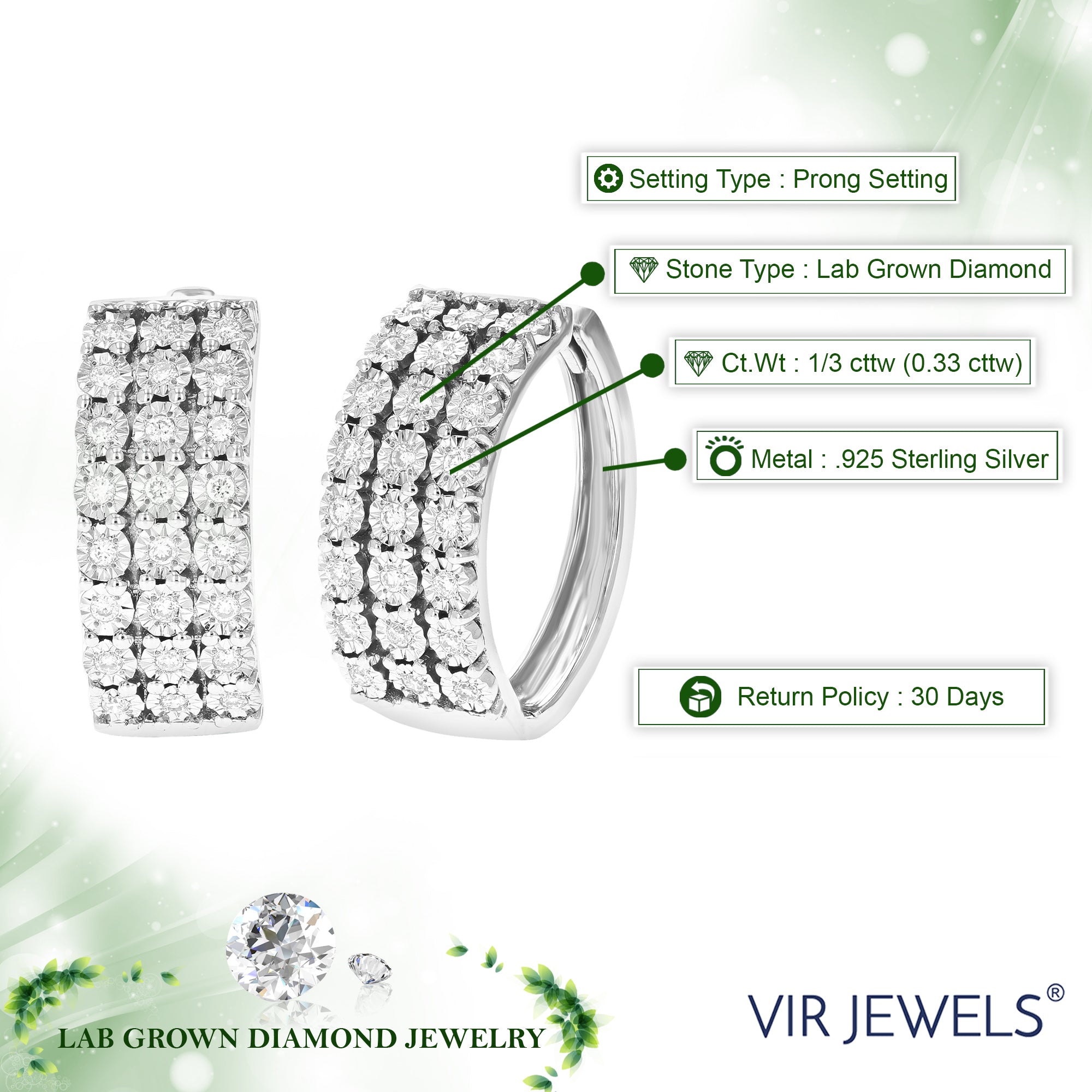 1/3 cttw Diamond Hoop Earrings for Women, Round Lab Grown Diamond Earrings in .925 Sterling Silver, Prong Setting, 2/3 Inch