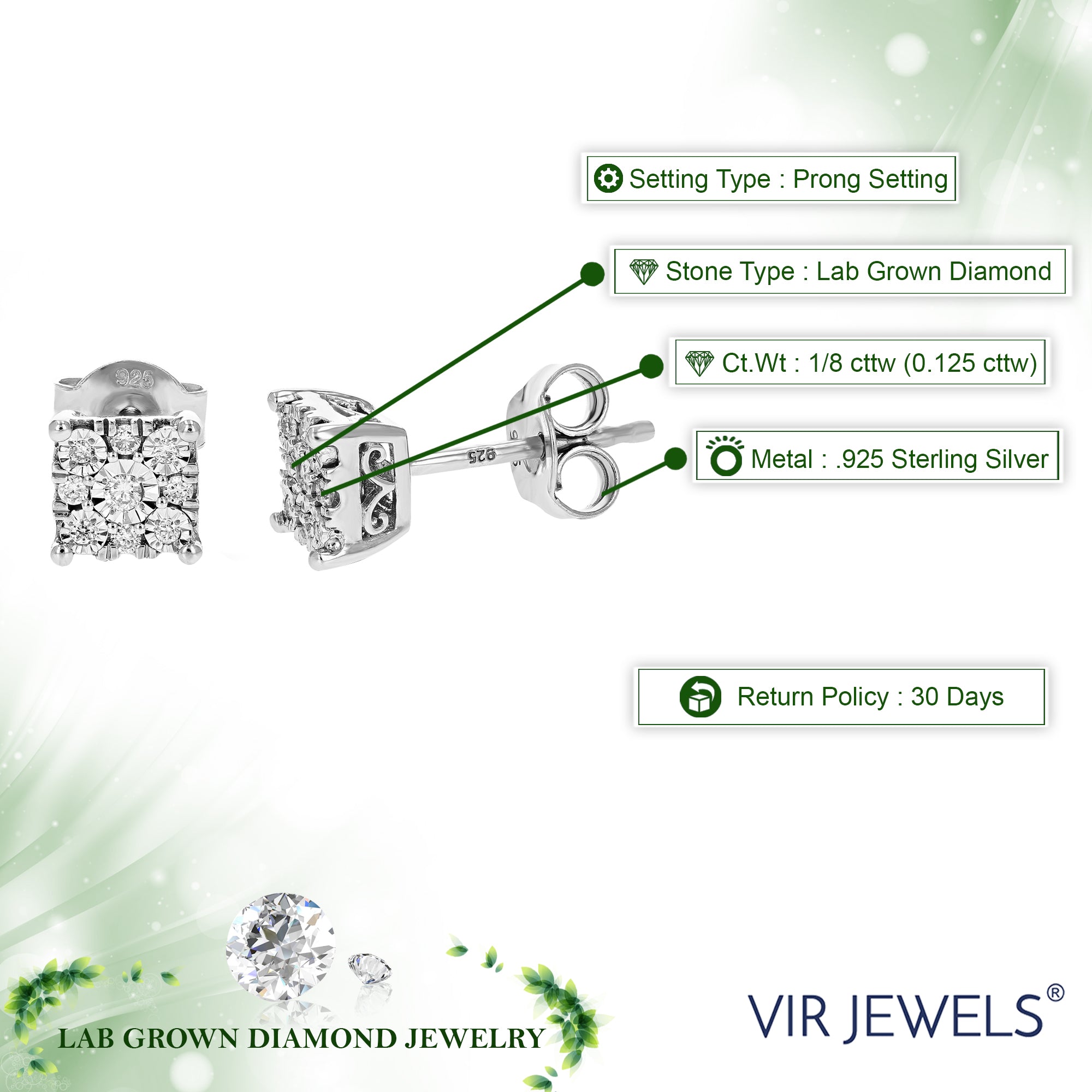 1/8 cttw Stud Earrings for Women, Round Lab Grown Diamond Stud Earrings in .925 Sterling Silver, Prong Setting