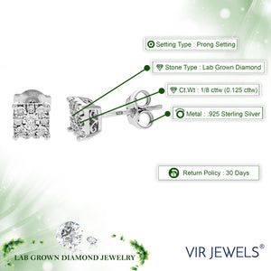 1/8 cttw Stud Earrings for Women, Round Lab Grown Diamond Stud Earrings in .925 Sterling Silver, Prong Setting